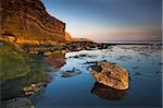 Golden late afternoon sunshine lights up the rocks and cliffs at Kimmeridge Bay, Jurassic Coast, UNESCO World Heritage Site, Dorset, England, United Kingdom, Europe