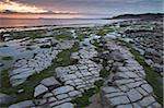 Sunrise over the Bristol Channel, in the foreground are the limestone ledges of Kilve beach, Somerset, England, United Kingdom, Europe