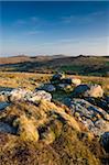 Granite outcrops in Dartmoor National Park, looking across to Hound Tor and Hay Tor on the horizon, Devon, England, United Kingdom, Europe