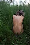 Femme nue assise dans l'herbe longue