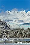 Scenic winter landscape of Mendenhall River, Mendenhall Glacier and Towers, Tongass National Forest, Southeast Alaska