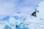 Grimpeur de glace avec piolet monte le visage d'un grand iceberg congelé dans le lac Mendenhall, près de Juneau, sud-est de l'Alaska, hiver