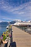 Cruise ship docked at Haines harbor in Portage Cove, Haines, Southeast Alaska, Summer