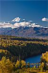Licht des nachmittags am Mount McKinley und der Alaska Range mit dem Chulitna Fluss im Vordergrund in der Nähe des Parks Highway, der Denali State Park, South Central Alaska, Herbst
