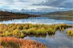 Morning scenic of Wonder Lake with snow covered Mt. Brooks, Mt. McKinley and the Alaska Range in the background, Denali National Park & Preserve, Interior Alaska, Autumn, HDR