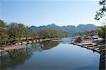 Bamboo rafts pier on 9 zigzag river  Jiuquxi and Yunu Peak, Wuyi mountain, Fujian, China