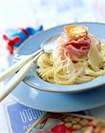 pasta with ham ribbons and raw egg