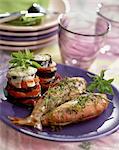 mullet with herbs and baked aubergine