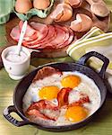 Fried eggs and bacon in pan