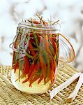 jar of hot green and yellow peppers in vinegar