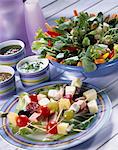 Vegetable kebabs and raw vegetables for fondue
