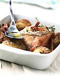 Salmon steak with potatoes and bacon