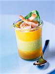 chilled avocado and mango mousse with prawns