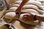 Preparing fresh bread dough to be baked