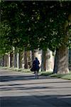 Italy, Tuscany, Lucca. A nun cycling through the street around the fortified city walls