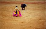 Spain, Andalusia, Seville; A toreador provoking a bull during a corrida