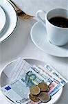 Payment and coffee on restaurant table