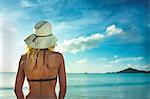 Vue arrière de femme en chapeau de soleil face à la mer
