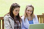 Young smiling friends sitting on a bench in the countryside while looking at a laptop