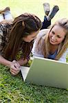 Young smiling women looking at each other while lying on the grass behind a laptop