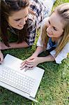 Overhead view of young girls talking while lying a parkland in front of a laptop