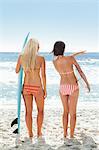 Two women standing by the sea, with surboards as one points out to the sea.