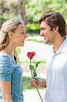 Vue latérale d'un jeune homme souriant offrant une rose à sa petite amie