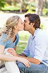 Side view of a young couple sitting and kissing on the grass