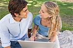 Jeune couple assis dans le parc avec leur ordinateur portable