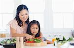 Mother cuts peppers with a sharp knife as the daughter looks straight ahead