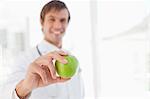 Beautiful green apple held by a surgeon in front a window