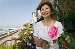 Woman pruning roses, outdoors