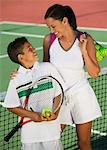 Mother and son by net on tennis court, high angle view