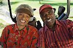 Senior couple sitting in golf cart, smiling, (portrait)