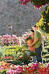 Young couple choosing potted flowers in outdoors garden centre