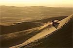 Man riding quad bike in desert at sunset, back view