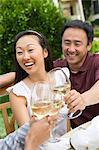 Couple toasting with friends outdoors