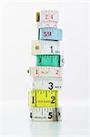 Stack of rolls of measuring tape, close-up