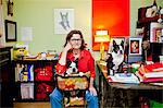 Woman at home office desk with dogs