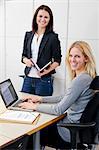 Two female colleagues posing together in office environment