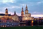 River Elbe, skyline with Bruhlsche Terrasse, Hofkirche and Palace, Dresden, Saxony, Germany, Europe