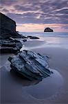 Trebarwith Strand beach at dusk, Cornwall, England, United Kingdom, Europe