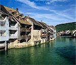 Old houses along the River Loue, Ornans, Loue Valley, Franche Comte, France, Europe