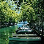 Boats along canal, Annecy, Lake Annecy, Rhone Alpes, France, Europe
