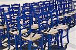 Blue Greek restaurant chairs, Crete, Greek Islands, Greece, Europe