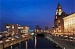 Royal Liver Building at dusk, Pier Head, UNESCO World Heritage Site, Liverpool, Merseyside, England, United Kingdom, Europe