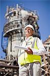 Worker with blueprints at oil refinery