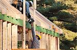 Carpenter handing nail gun to another carpenter on roof