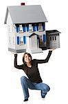 woman holding up a house