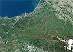 Basque Country, Espagne-France, véritable couleur Image Satellite. Pays basque, France - Espagne. Vrai couleur image satellite du pays Basque, une région dans les montagnes des Pyrénées occidentales qui va au-delà de la frontière entre la France et l'Espagne. Cette image a été compilée à partir de données acquises par les satellites LANDSAT 5 & 7.